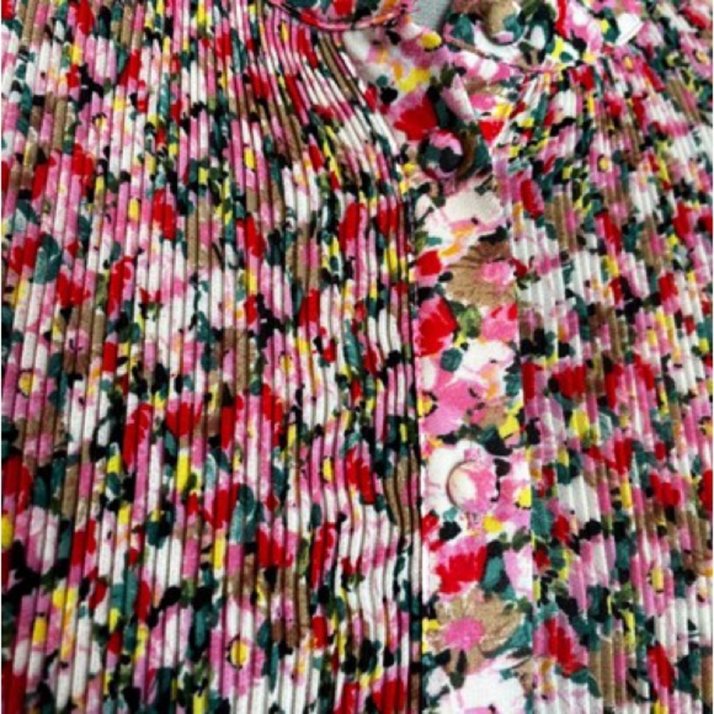 Boden Floral Pleated Button-Front Blouse | Long Sleeve | US 16
